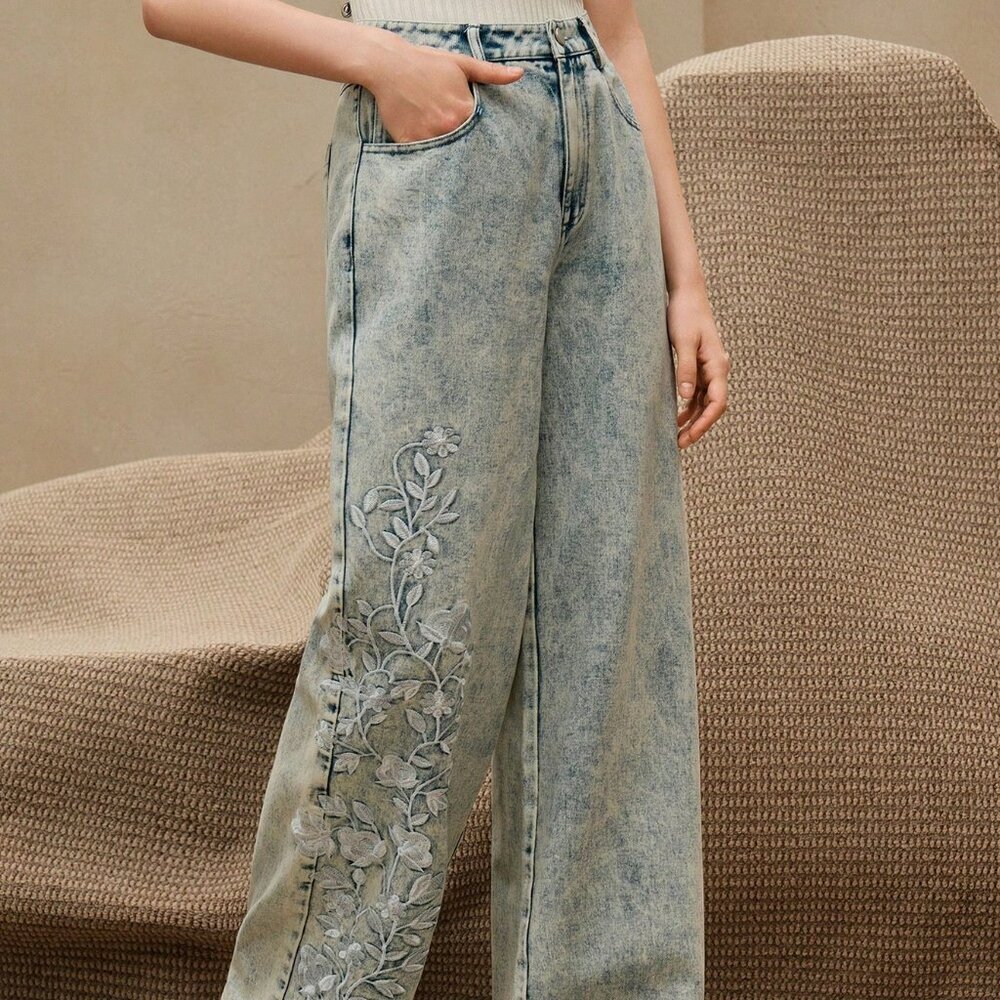 Teal Blue Elegant Women's Floral Trousers - Picture 5 of 6
